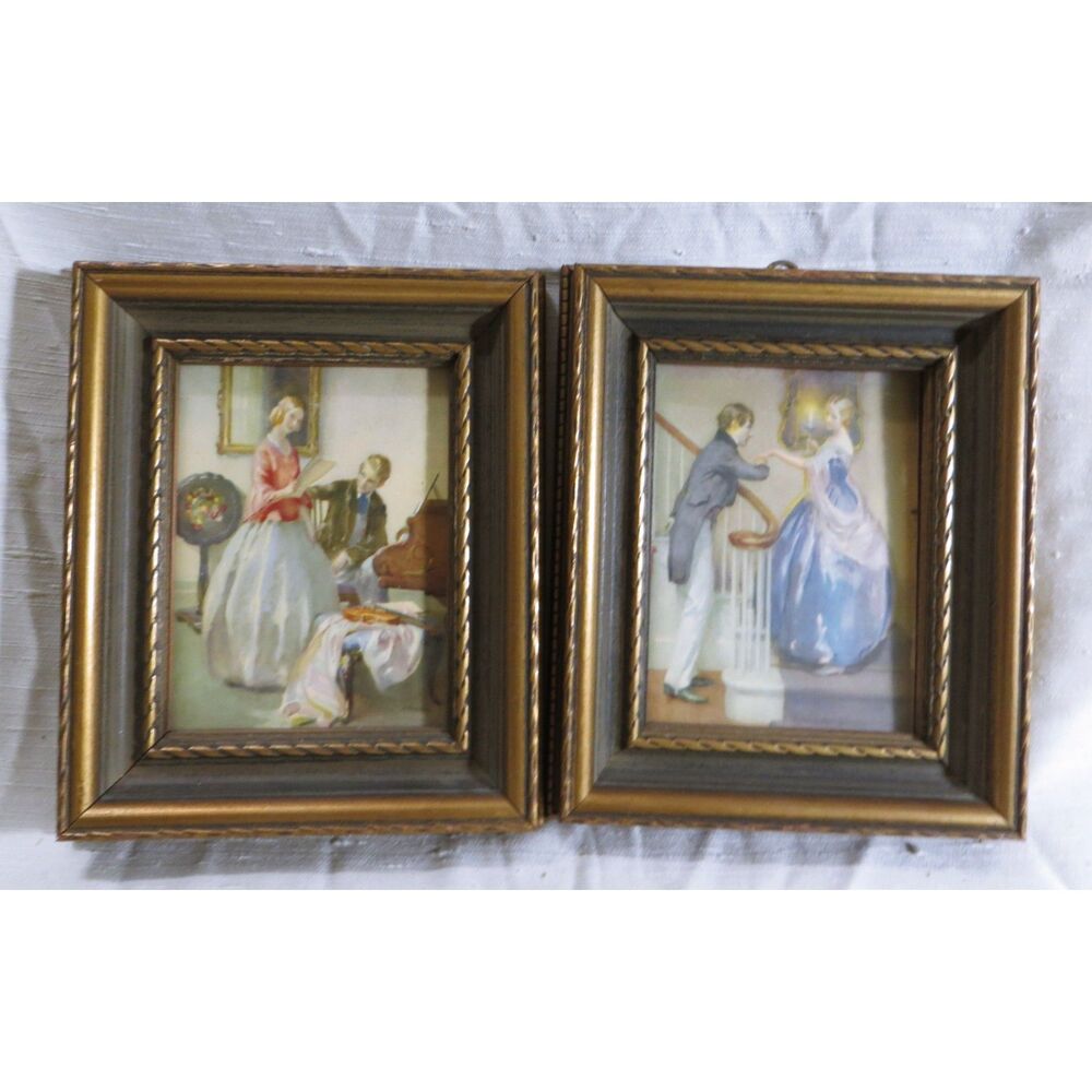 Antique Pair of Framed H. Lester Turn Of The Century Prints Of Victorian Couples